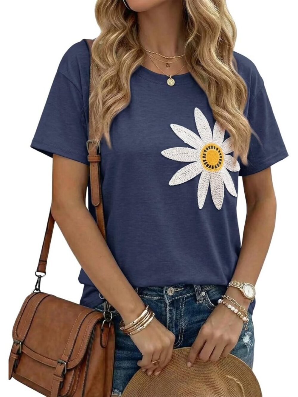 Women's Blue Crew-neck Short Sleeve Flower Embroidery Drop Shoulder Top